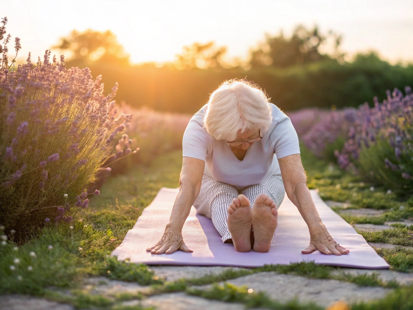 Ældre kvinde i yoga position